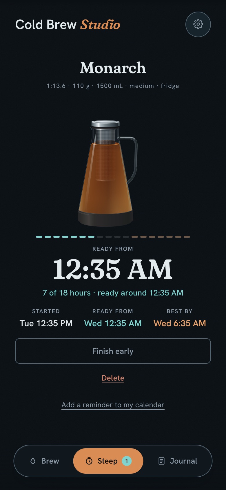 The Cold Brew Studio steep screen, seven hours into a batch