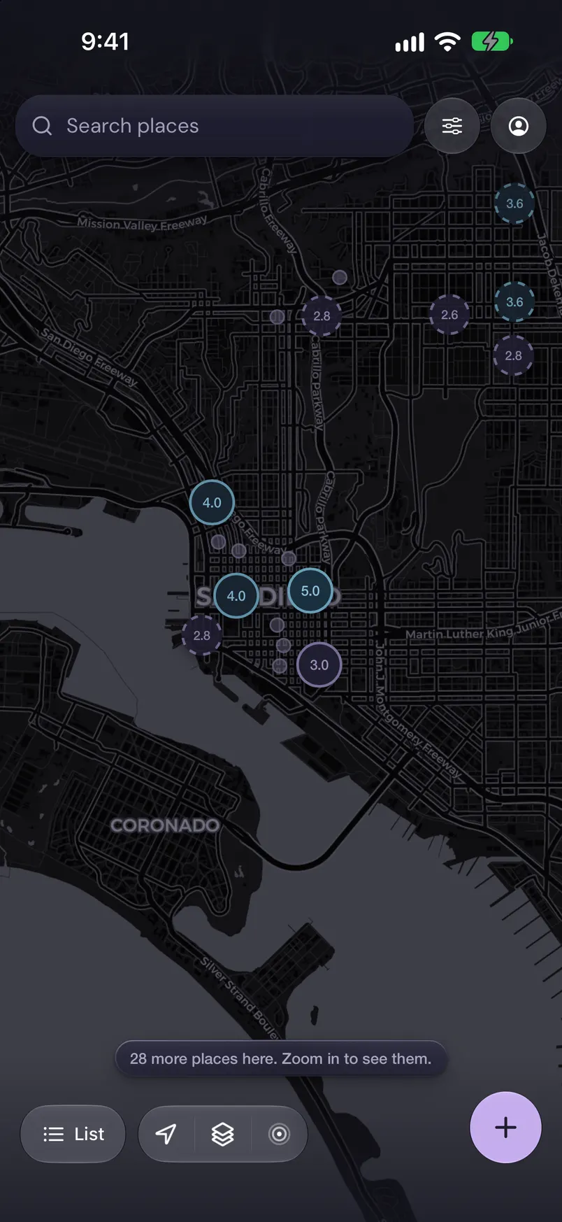 The Quiet Spaces map at night, with venues colored by how easy it is to talk